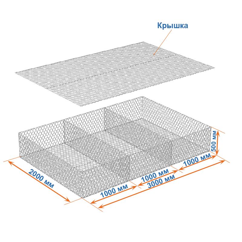Габион матрац  ГСИ-К 3х2х0,5 оцинкованный, Ø проволоки 2,2мм, размер ячейки 6х8 см фото