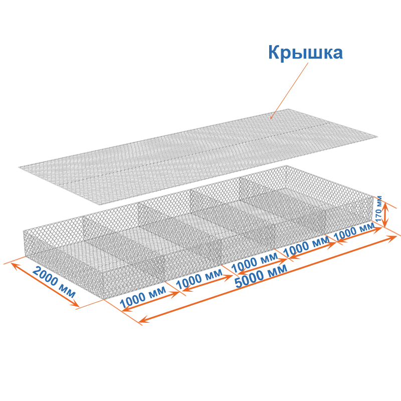 Габион матрац ГСИ-М 5х2х0,17 оцинкованный / ЦП, Ø проволоки 2,7/3,7 мм, размер ячейки 8х10 см фото