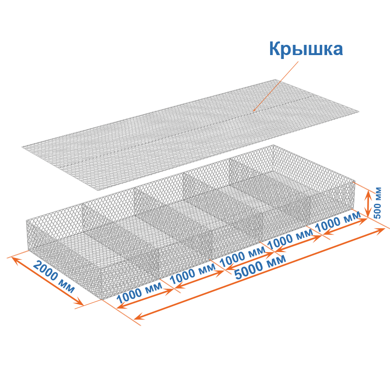 Габион матрац  ГСИ-М 5х2х0,5 оцинкованный, Ø проволоки 2,4 мм, размер ячейки 6х8 см фото